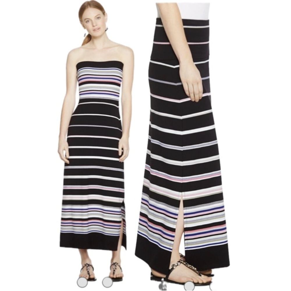White House Black Market Skirt Tube Dress L Black Stripe Convertible Maxi Rayon